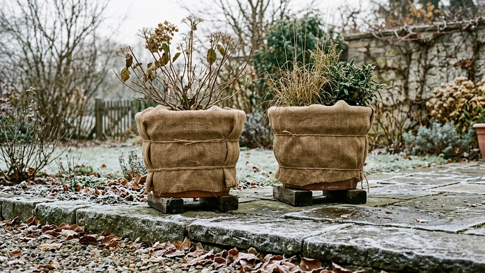Mit Jute eingepackte Kuebelpflanzen auf einer Terrasse im Spaetherbst