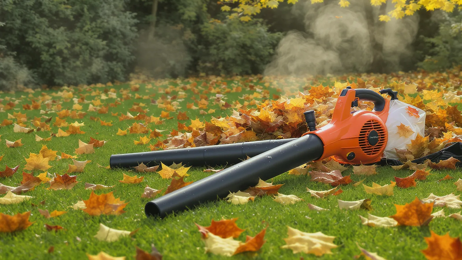 Laubbläser schiebt Herbstlaub auf einem Rasen zu einem Haufen zusammen