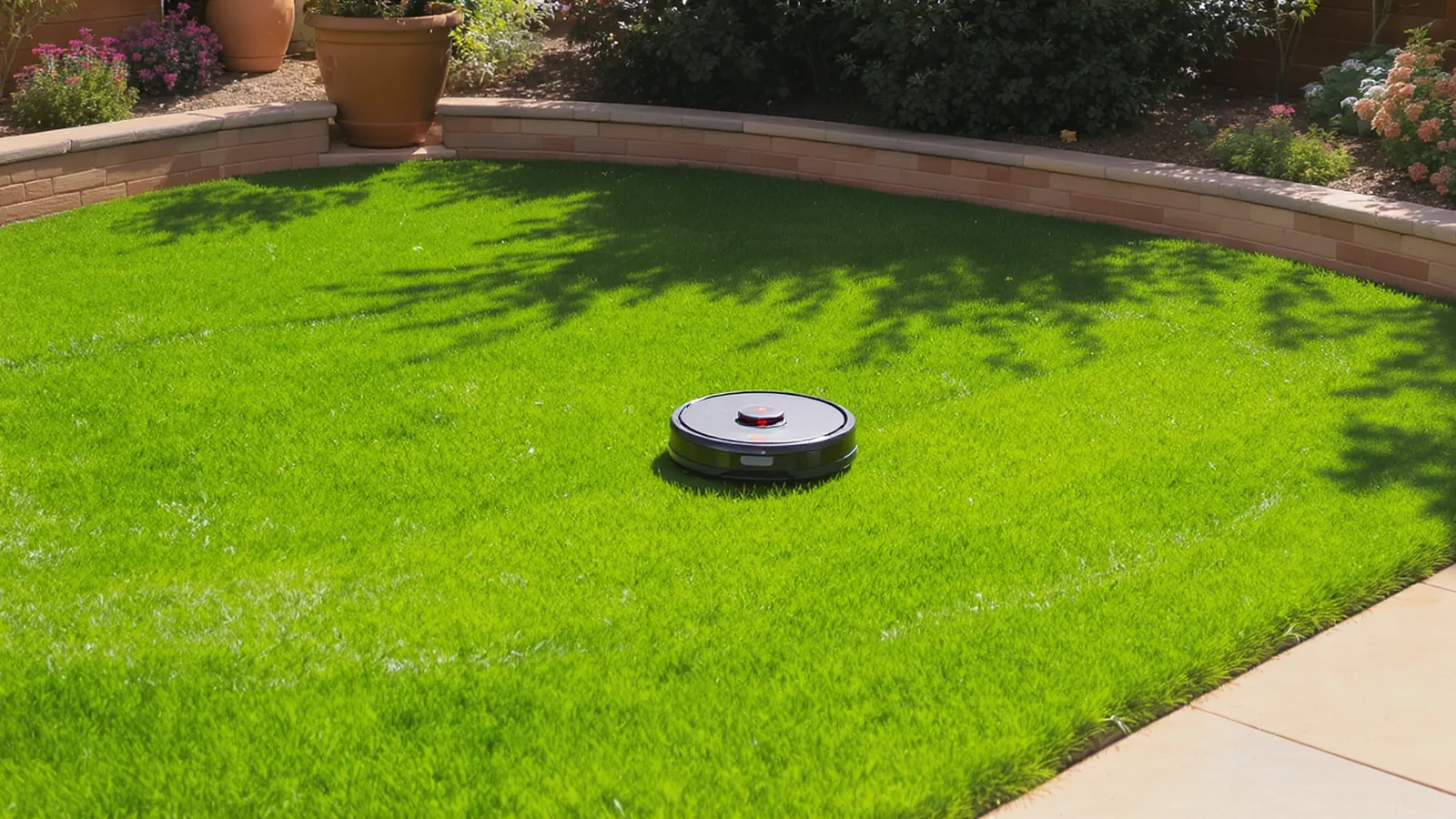 Mähroboter auf gepflegtem Rasen mit Beetkante und leicht verwinkeltem Garten