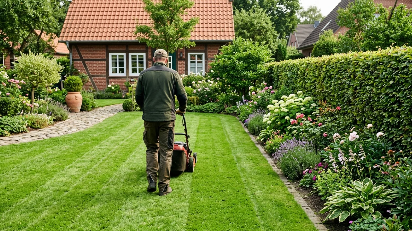 Gärtner mäht als bezahlte Gartenpflege einen gepflegten Rasen