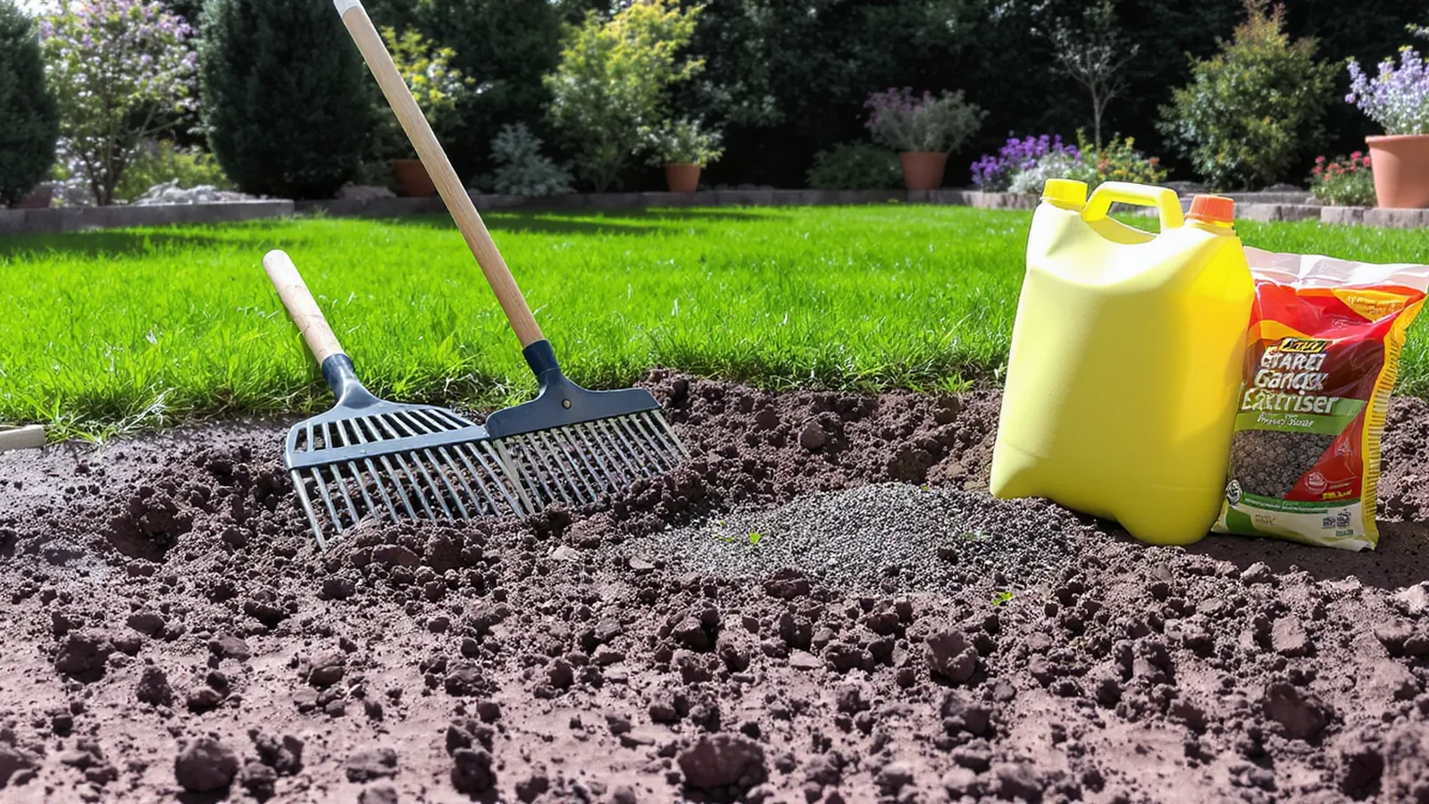 Vorbereitete Gartenfläche zum Rasen neu anlegen mit Rechen und Saatgut