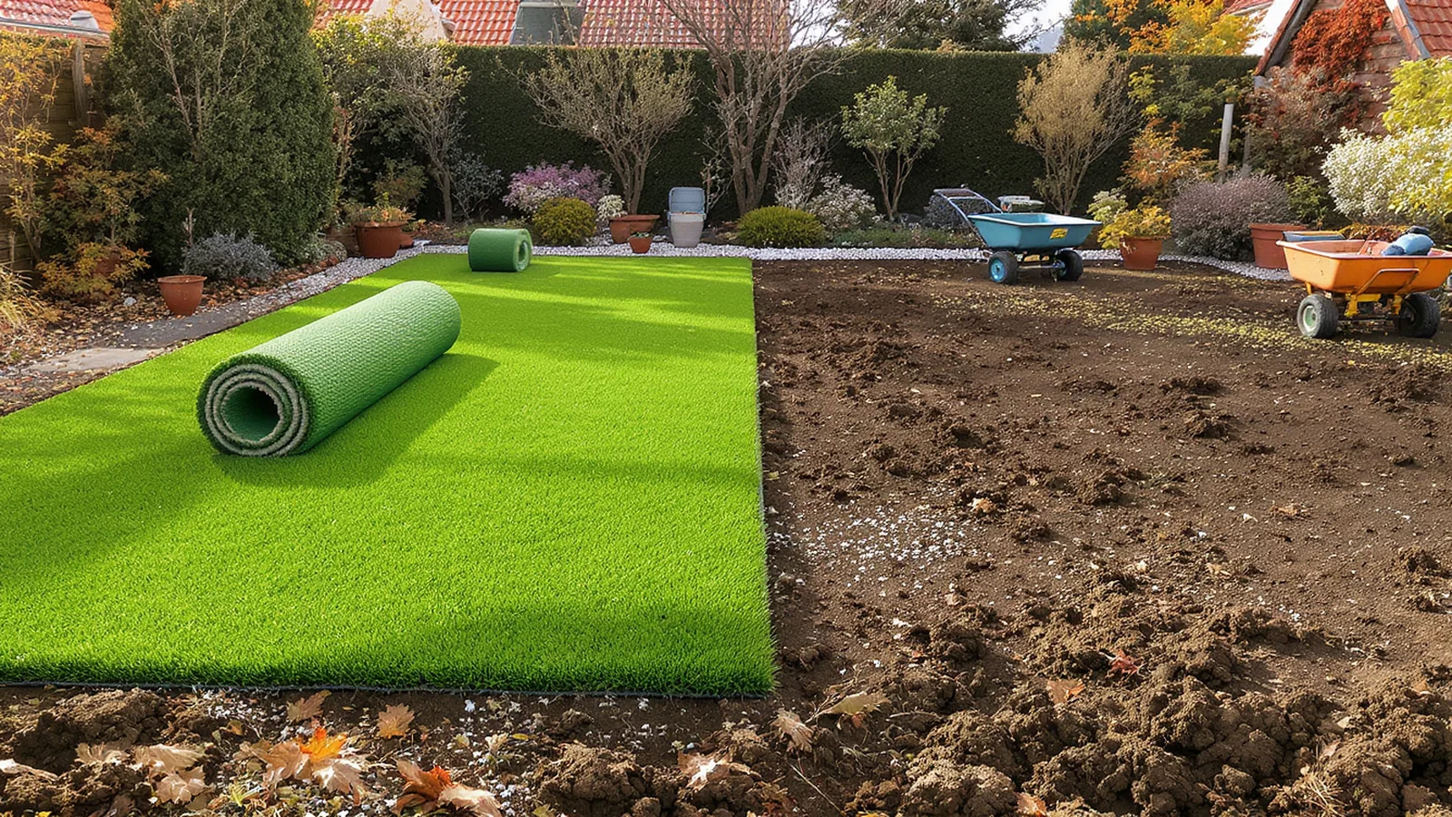Vergleich von Rollrasenbahnen und Rasensamen auf vorbereiteter Gartenfläche
