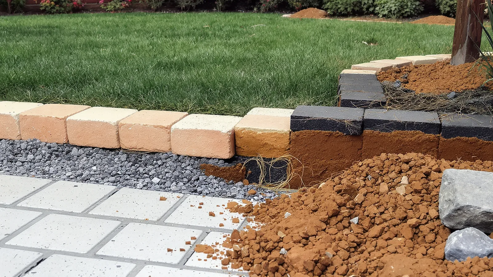 Gartenweg mit Pflaster, Randsteinen und Unterbau