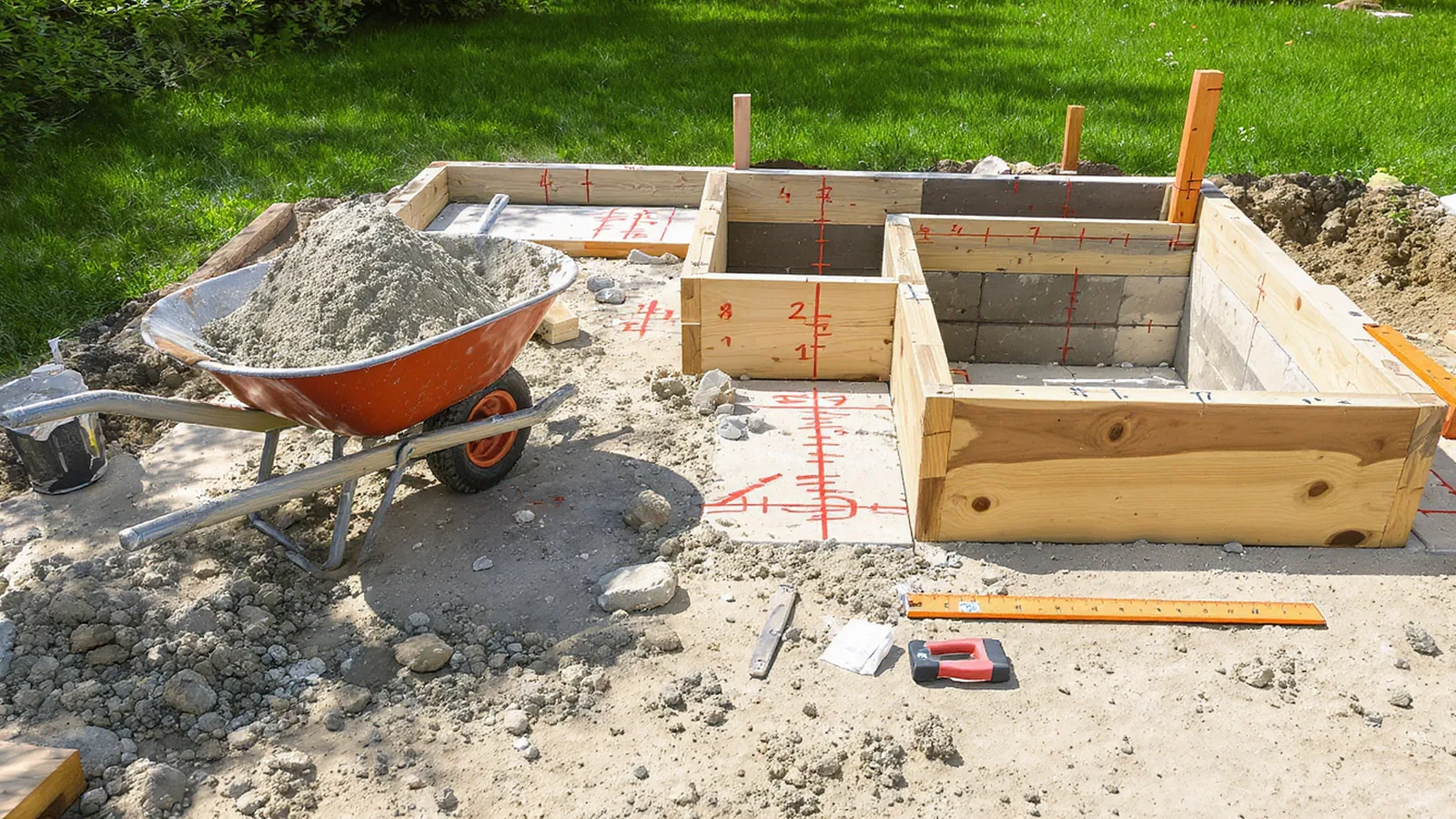 Betonmischung, Schalung und Masswerkzeug für ein Fundament