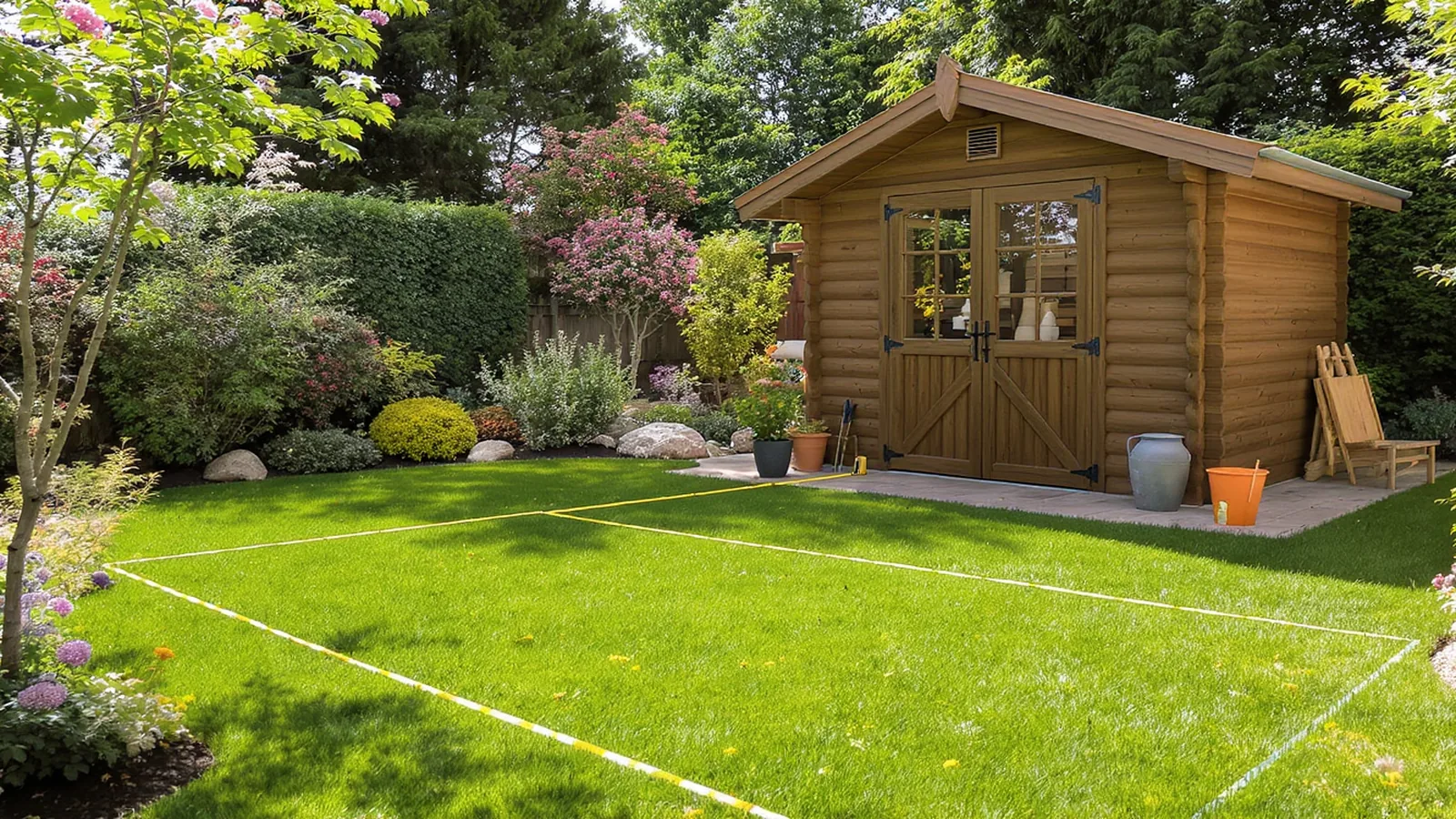 Gartenhaus mit Lageplan und Massband im Garten
