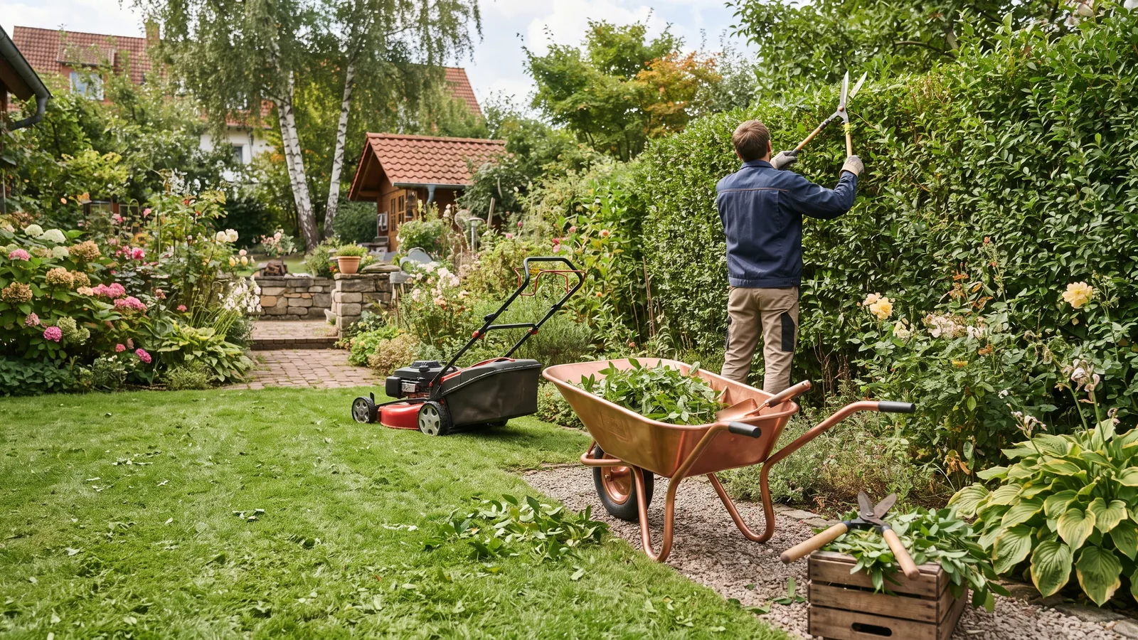 Gartenpflege mit Rasenmäher, Schere und Grünabfall