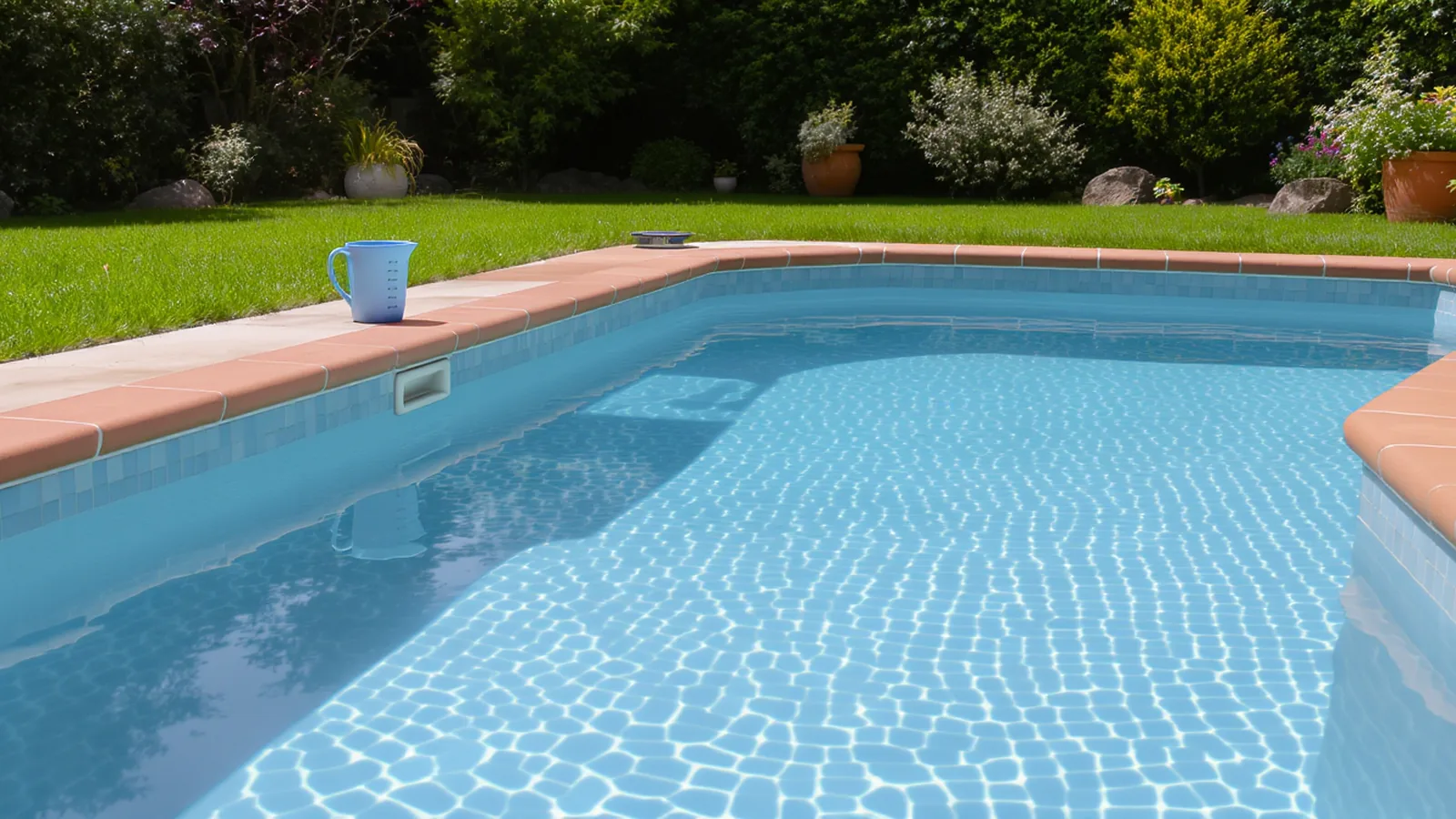 Gartenpool mit sichtbarer Wasserfläche und Messbecher