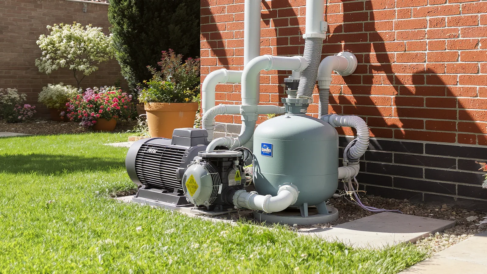 Poolpumpe und Filteranlage mit angeschlossenen Leitungen