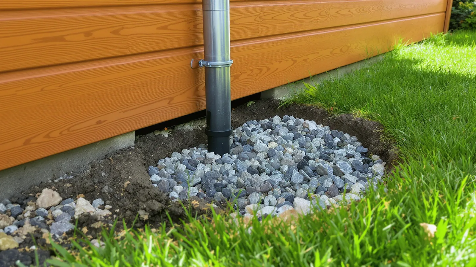 Regenwasserleitung und Versickerungsfläche neben einem Gartenhaus