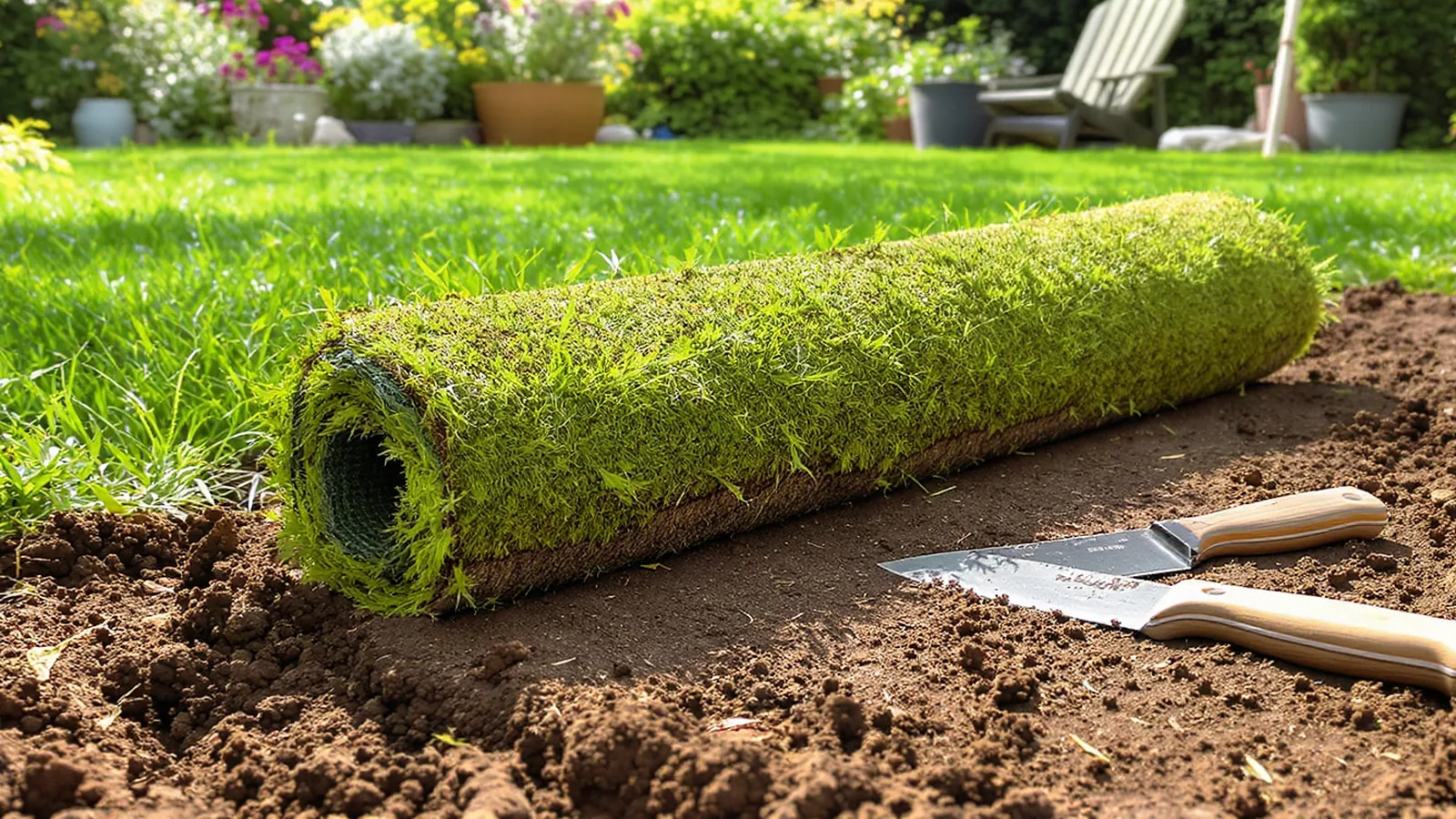 Rollrasenbahnen, Werkzeug und vorbereiteter Gartenboden