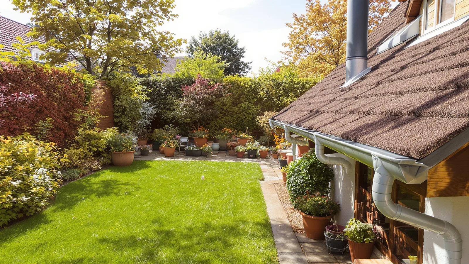 Terrassenüberdachung mit Pfosten, Dach und Entwässerung